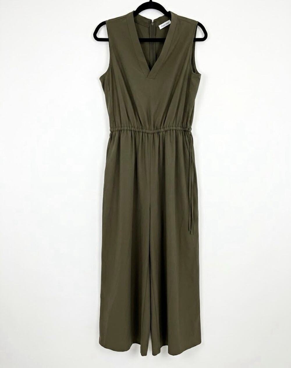 Calvin Klein Womens Jumpsuit Size 10 Olive Green Sleeveless Drawstring v-neck